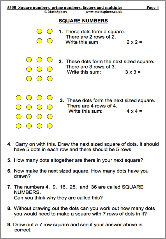 Square, Prime, Factors and Multiples Maths Worksheet