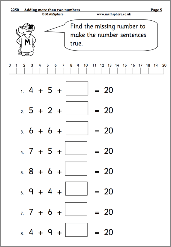 Adding More Than Two Numbers Maths Worksheet