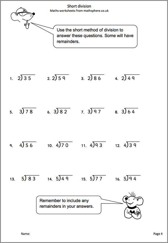 Short Division Maths Worksheet