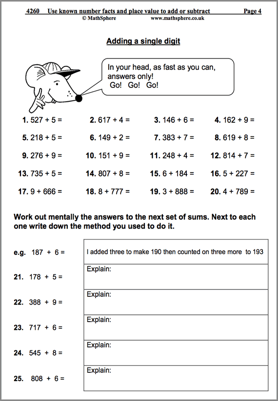 Use Known Facts To Add and Subtract Maths Worksheet