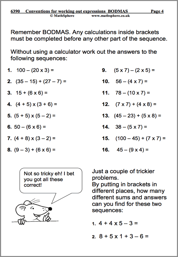 Conventions For Working Out Expressions Maths Worksheet